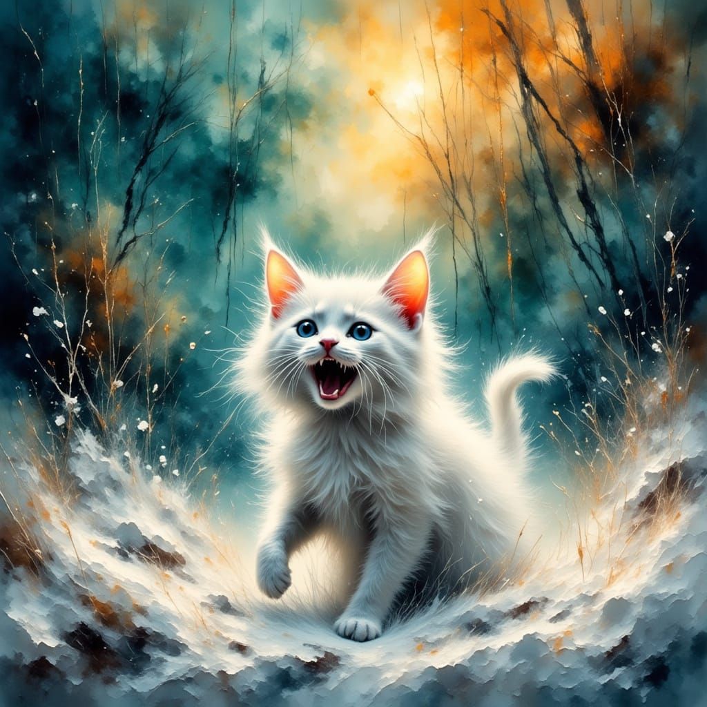 Winter Wonderland Whiskered Feline in Grungy Oil Paintings S...