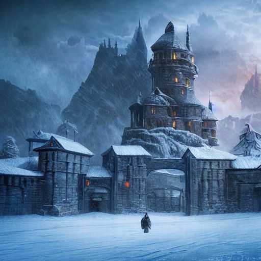 Dystopian Winter Fortress in Ethereal Fantasy Landscape