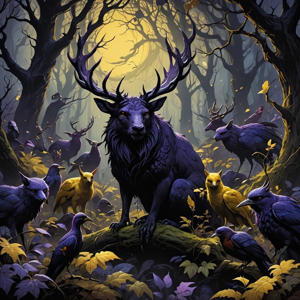 Ominous Animals in Moonlit Forest, Dark Fantasy Art