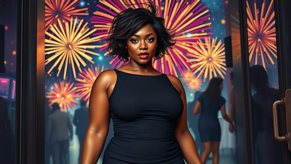 Confident Plus-Size Woman Enters New Year's Party in Elegant...