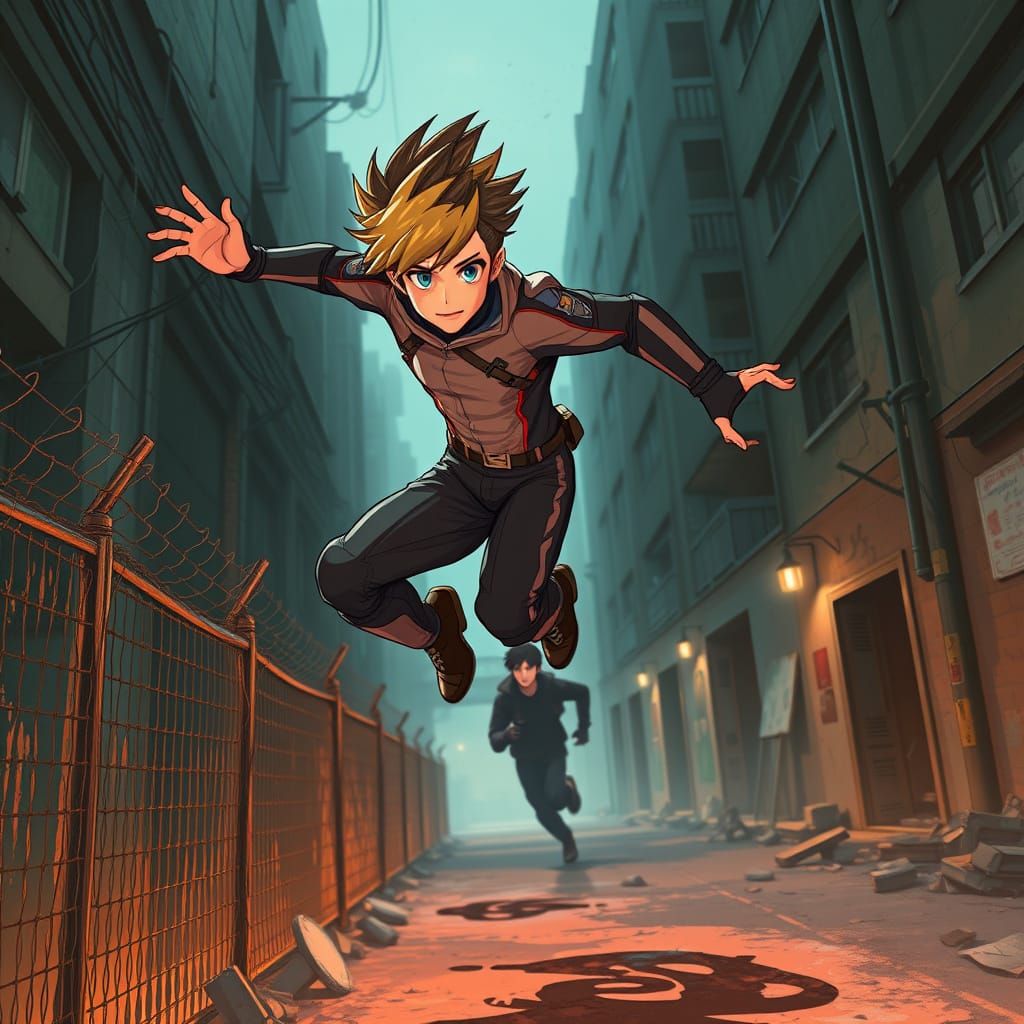 Anime-Inspired Hero Leaps Over City Fence in High-Tech Pursu...