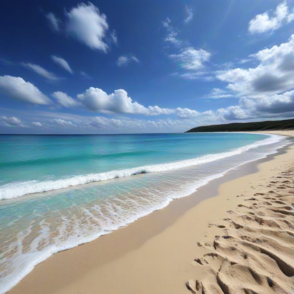 create a beautiful beach, three shades of blue Hues sea, white beaches and sunshine panorama real photo, fractal diffusi...