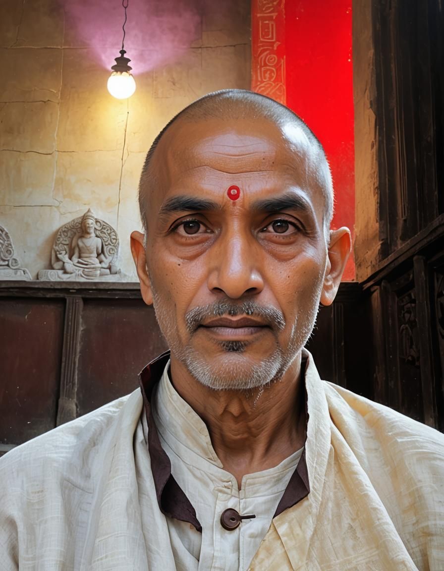 Serene Monk in Ancient Temple Ruins
