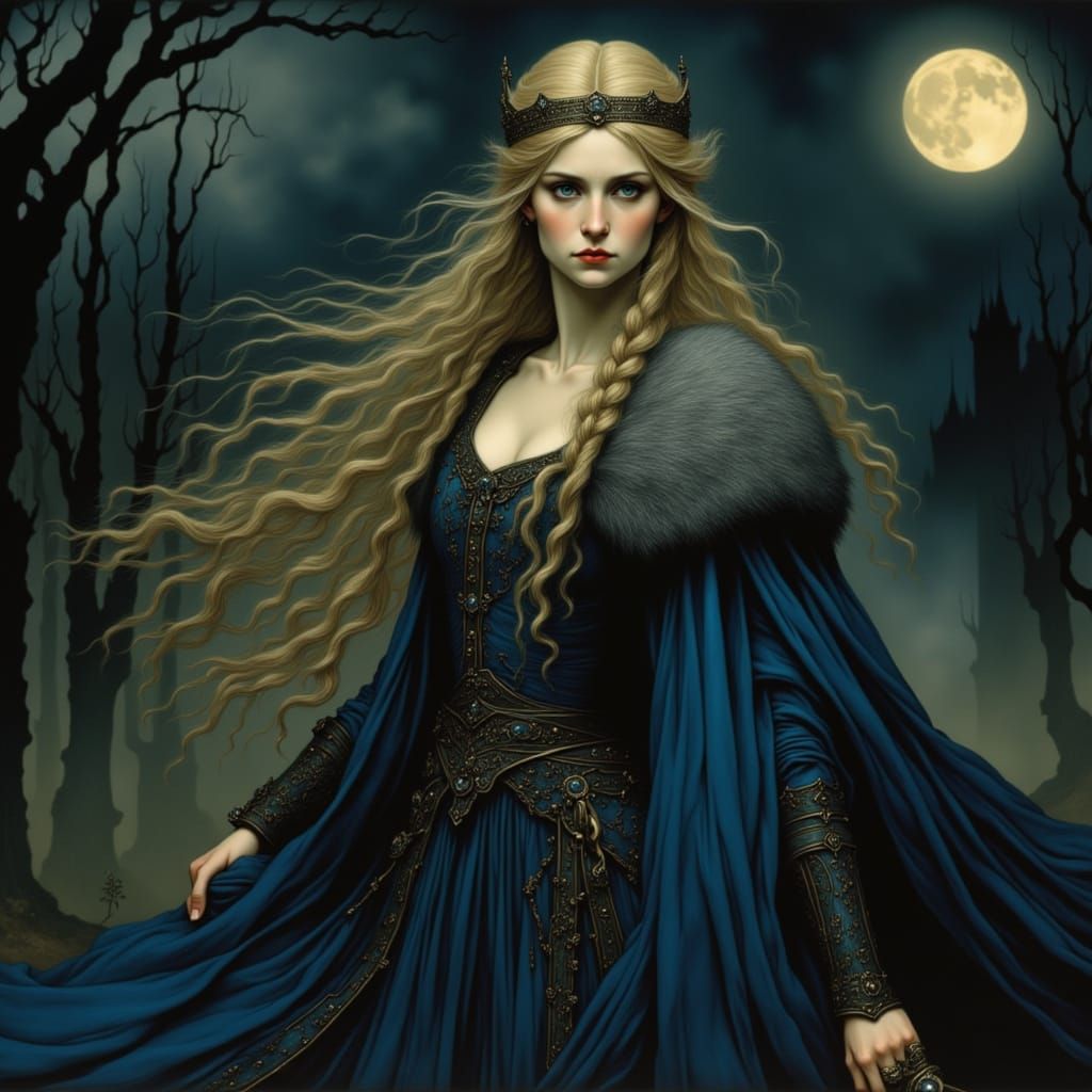 Viking Woman with Sword in Dark Woods