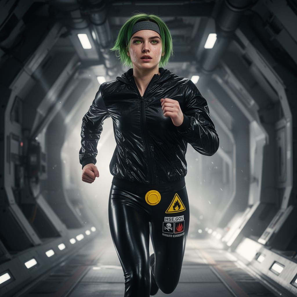 Spacewoman Running in Shuttle Interior