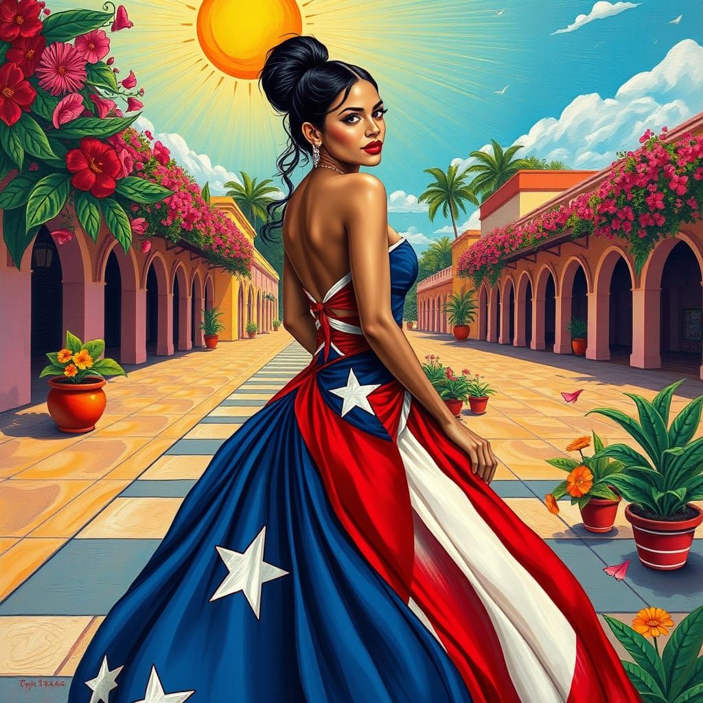Puerto Rican Woman in Flag Dress - Folk Art Painting