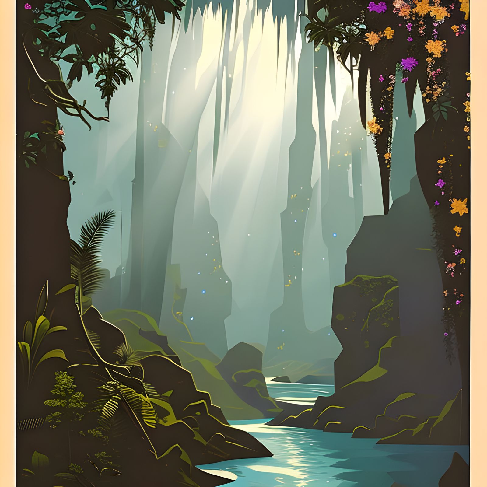 Magical Amazon Rainforest Illustration with Fireflies