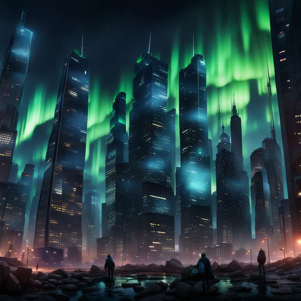 Night Skyscrapers Under Aurora in Detailed Digital Painting