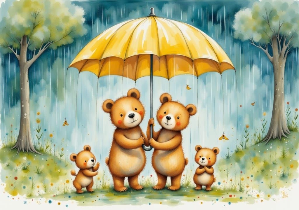 Bear Family in Rain: Whimsical Storybook Illustration