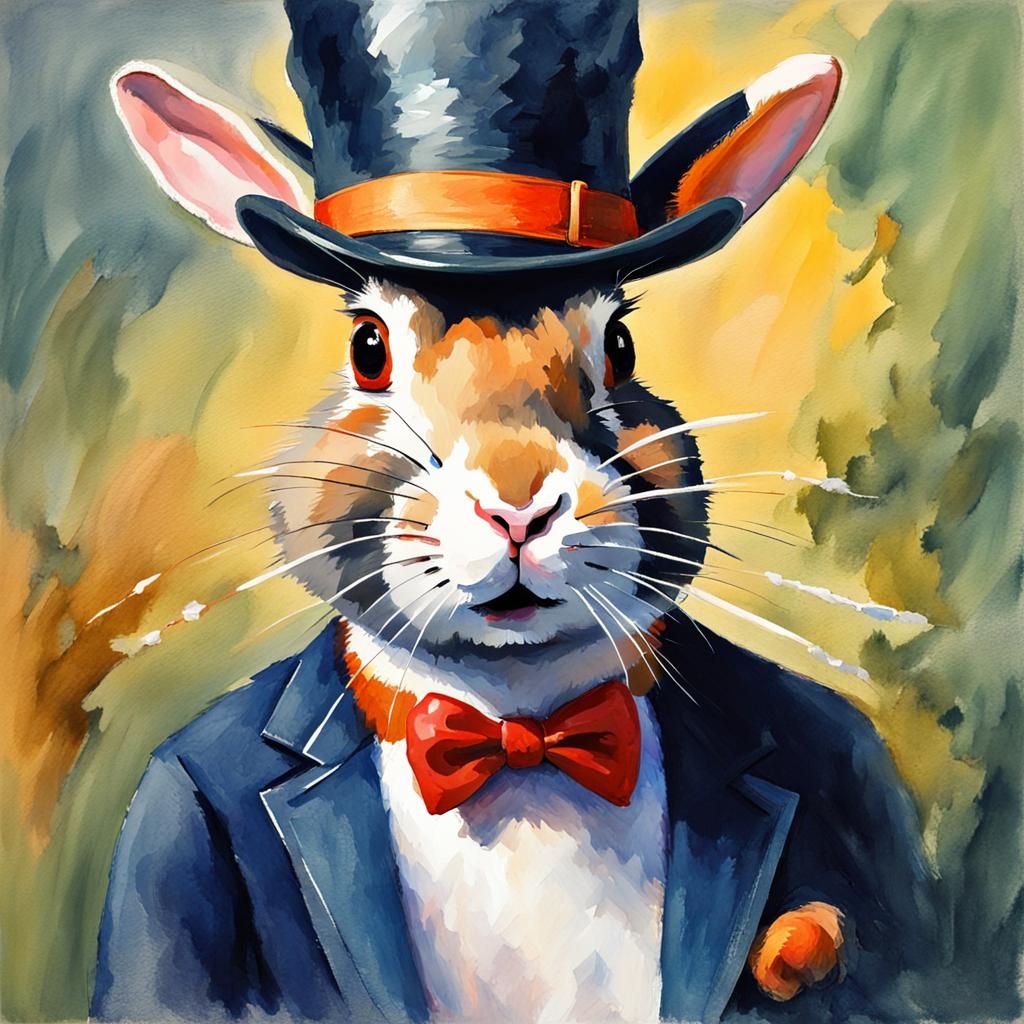 Rabbit Smoking with Hat in Gouache Style