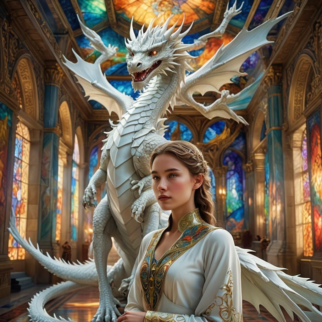 Woman and Dragon in Opulent Fantasy Palace