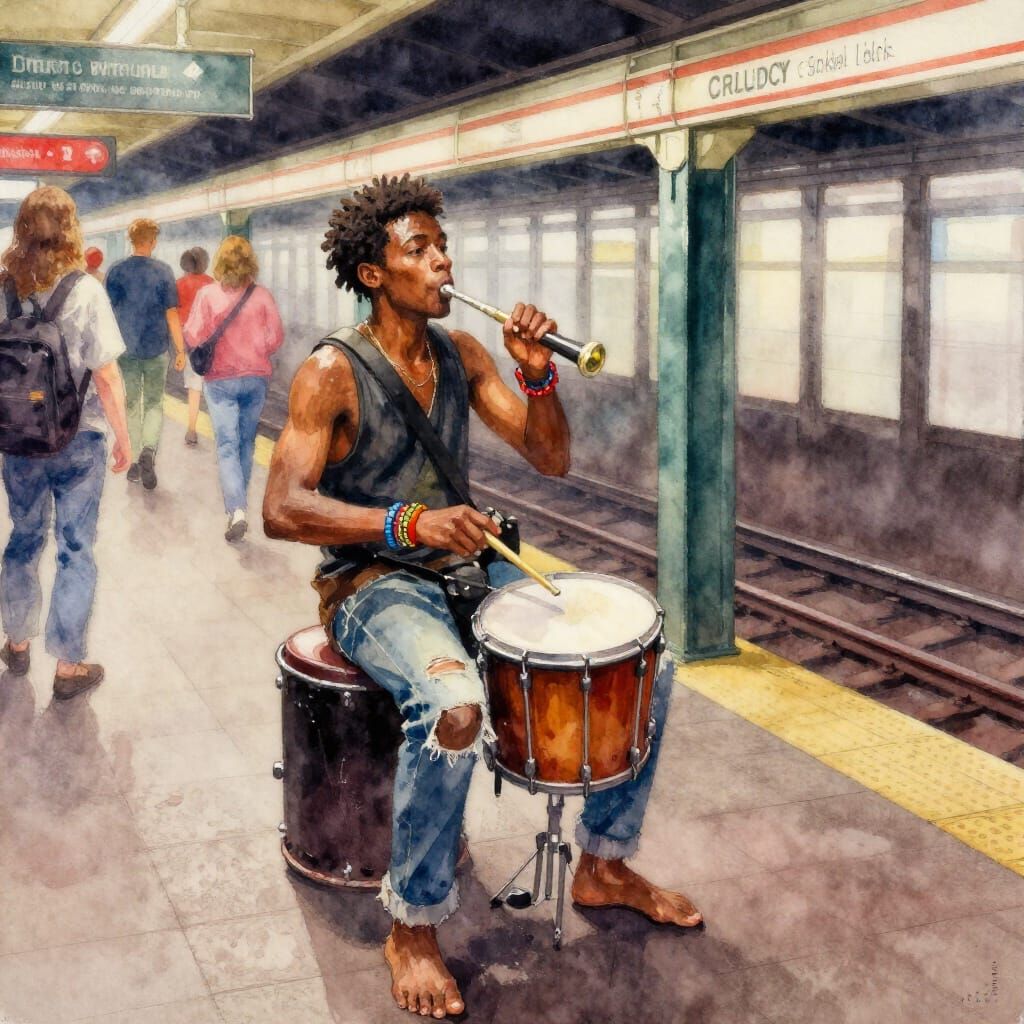 Passionate Street Drummer in Subway Station