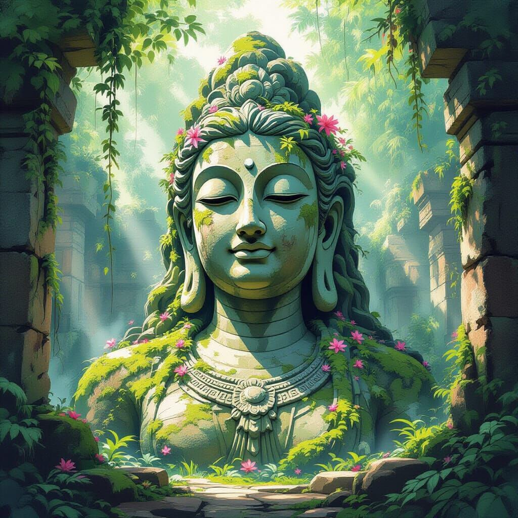 Ancient Goddess Statue in Overgrown Jungle Watercolor