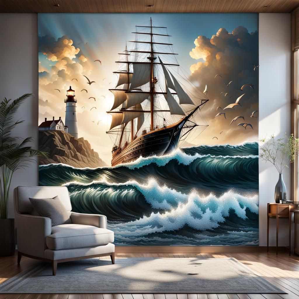 Girl Completes Ocean and Ship Puzzle in Art Deco Style