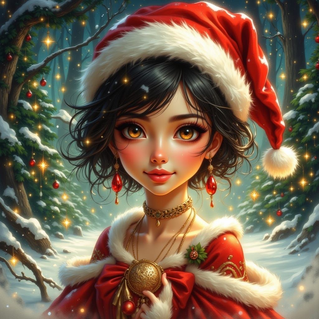 Beautiful Woman in Whimsical Santa Dress with Snow and Light...