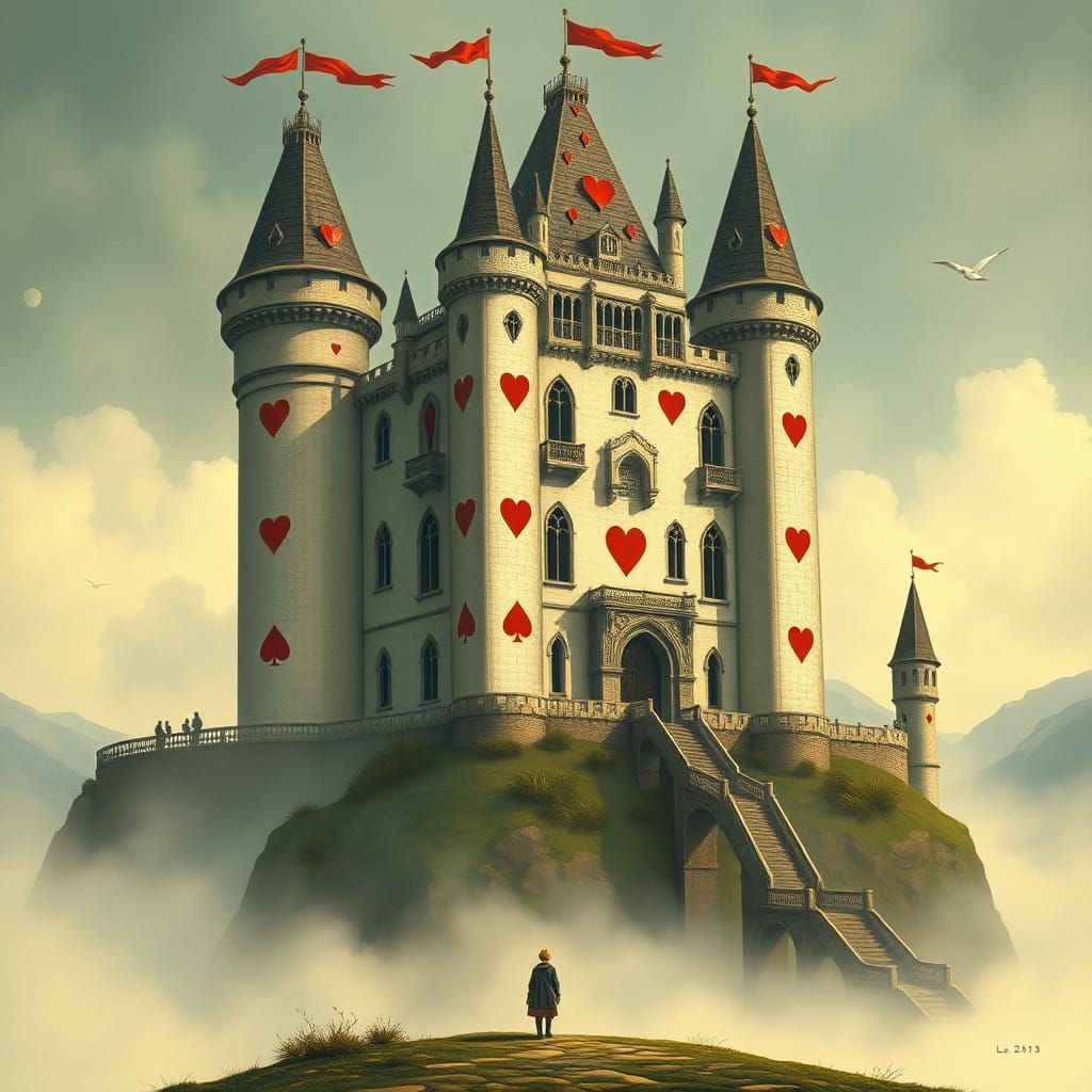 Colossal Playing Card Castle in a Misty Landscape