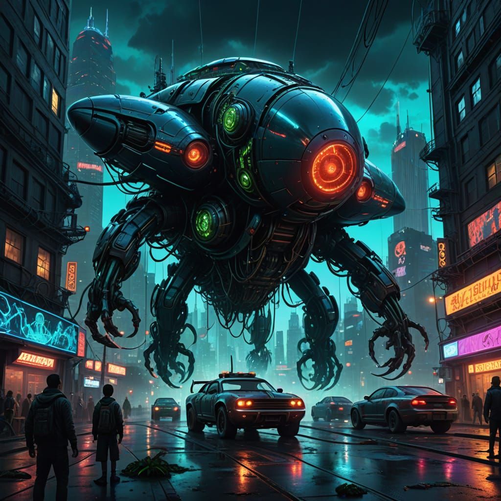 Biomechanical War Machine in Dystopian City