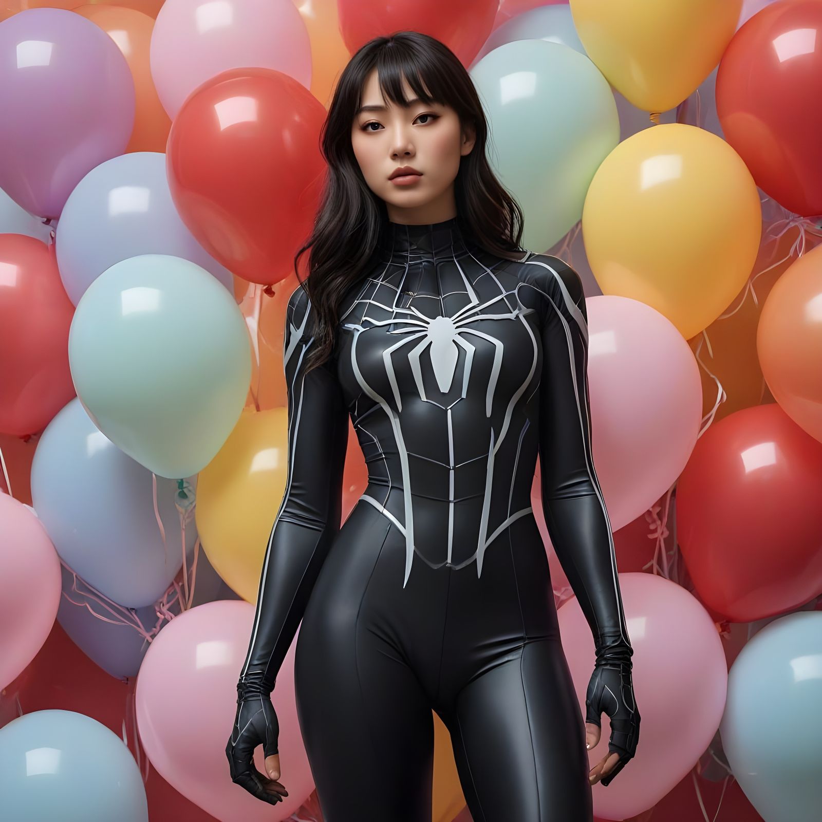 Korean Spider-Woman in Detailed Rubber Suit