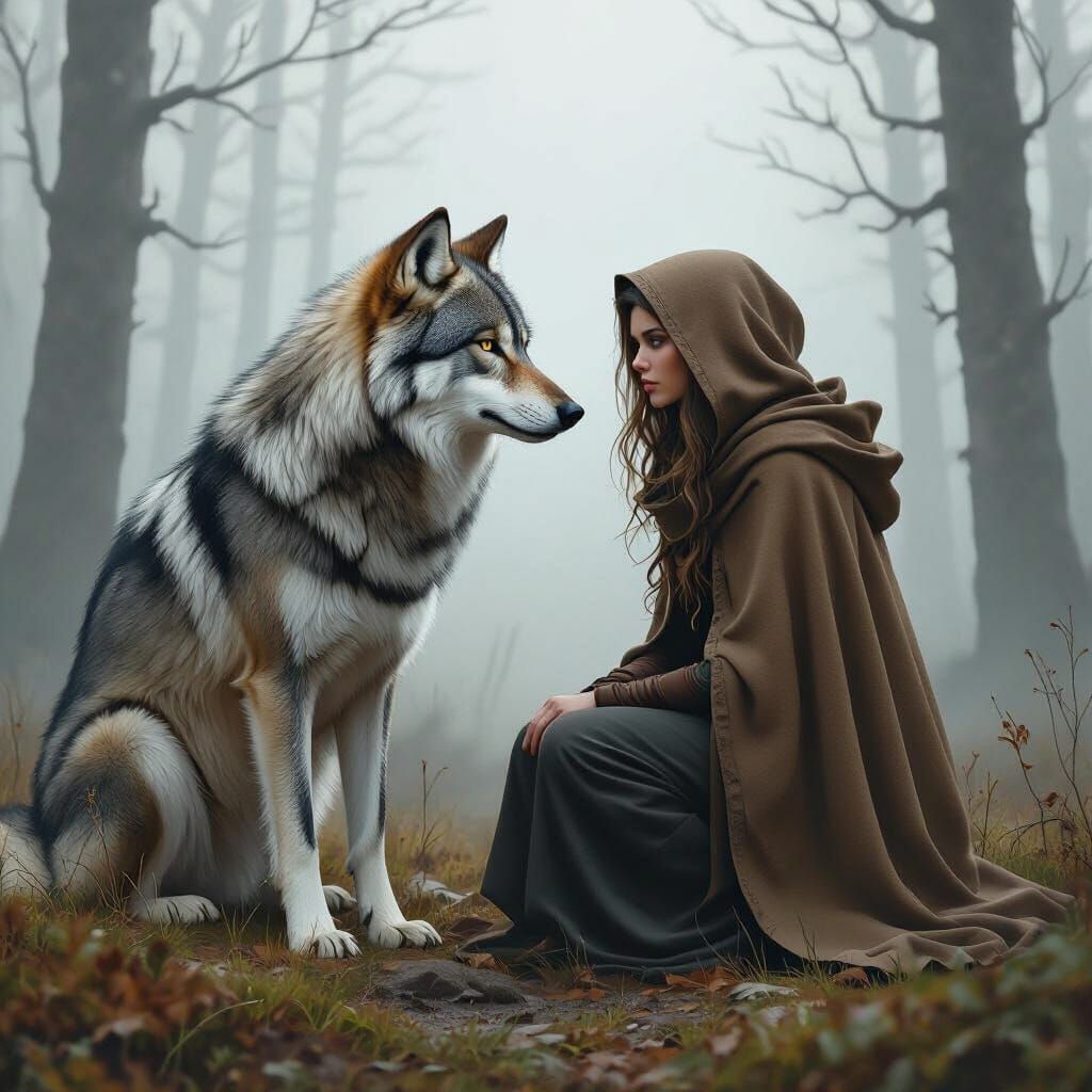 Woman Kneeling Beside Wolf in Misty Forest