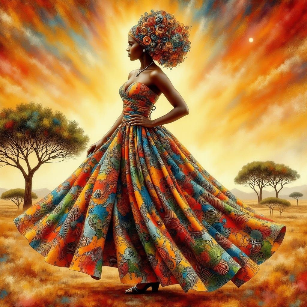 <lora:-Abstragony-:1.0> "A full-body portrait of a graceful woman dressed in a stunning traditional Nigerian outfit in "...