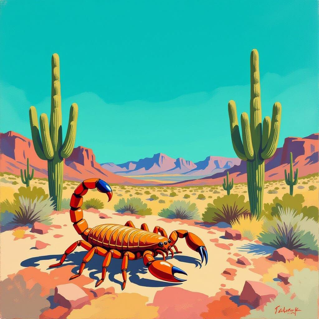 Scorpion in Desert Landscape: Gouache Style