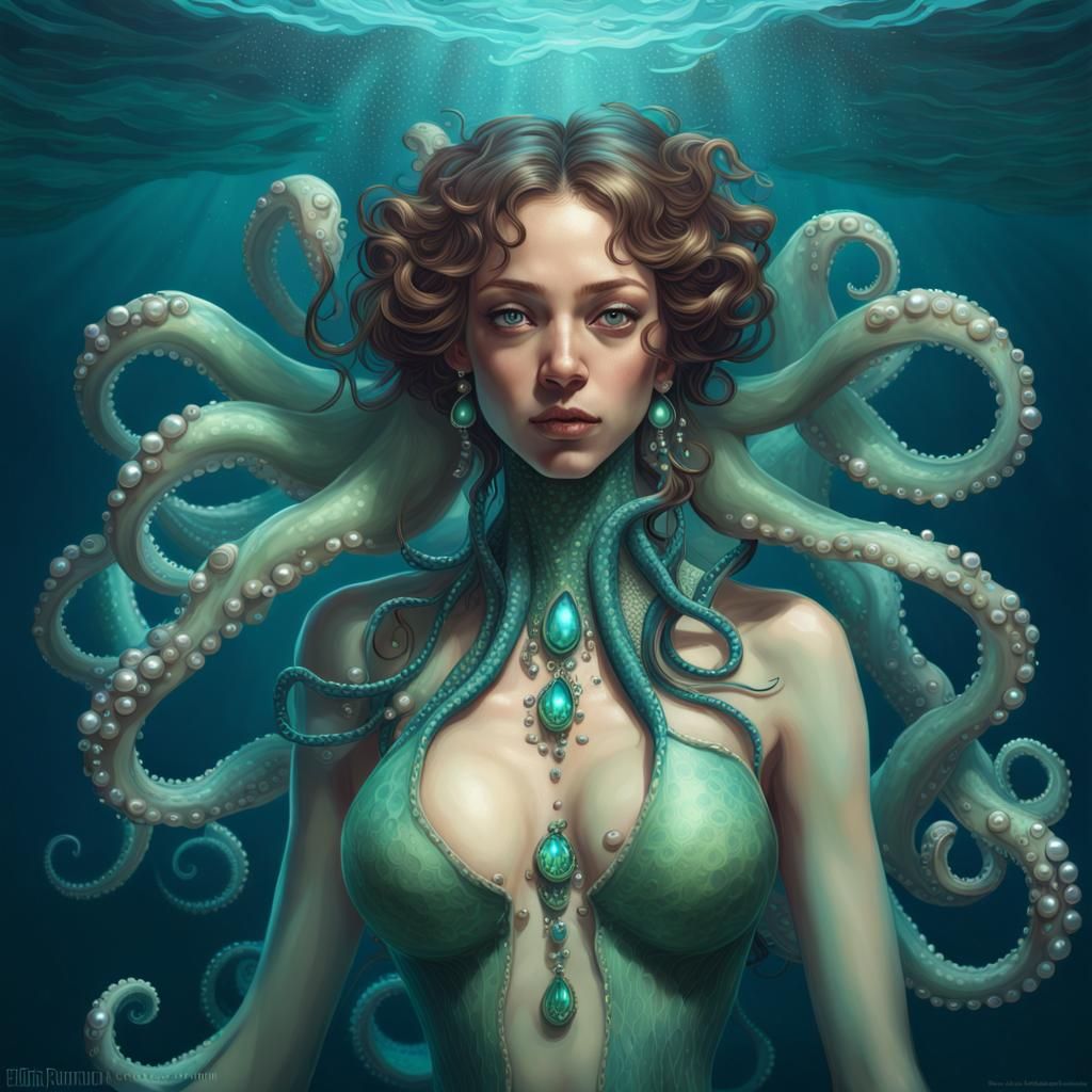 Octopus Girl Hybrid Underwater Portrait in Hyperdetailed Sty...