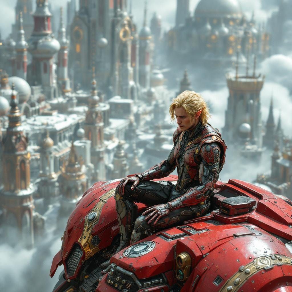 Cyborg Elf Overlooking Future City in Cinematic Style