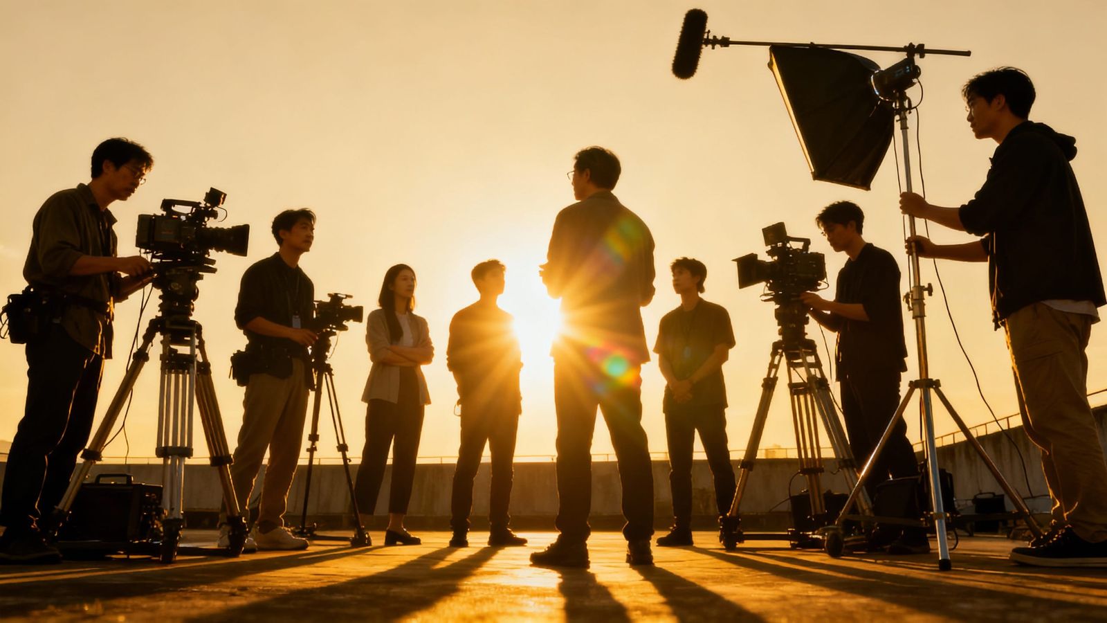 Film Crew Silhouetted Against Golden Hour Sun
