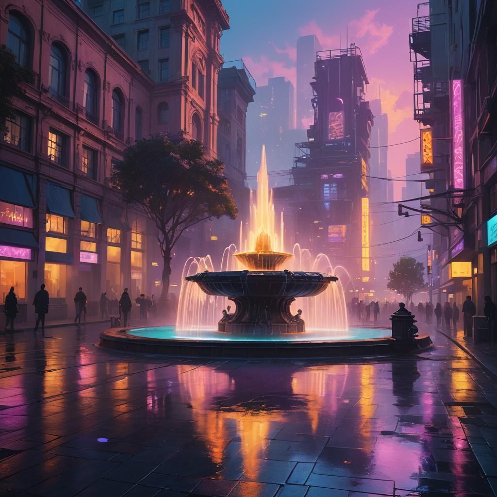 Cyberpunk Fountain in Dystopian City at Dusk