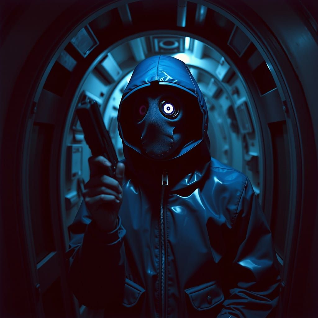 Retrofuturistic Cyclops Security Guard in Dark Corridor