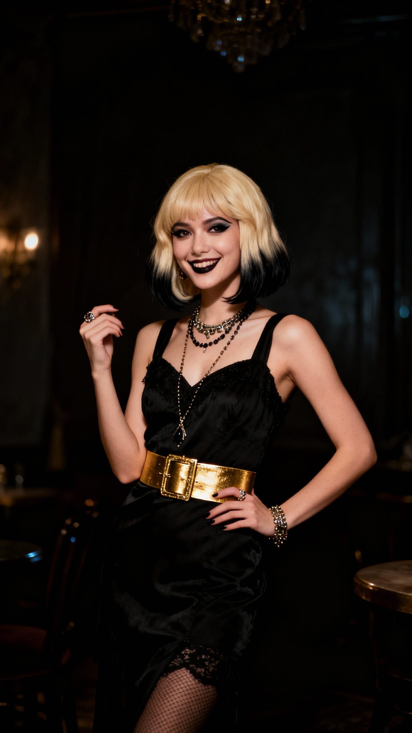 Elegant Woman in Noir-Inspired Costume Smiling