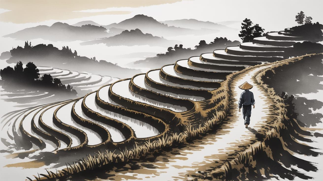 Serene Rice Fields in Sumi-e Style