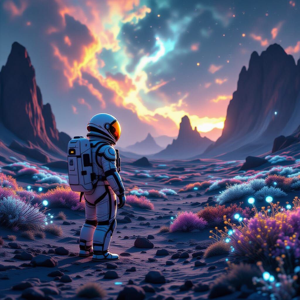 Penguin Explorer on Alien Planet in Retro-Futuristic Style