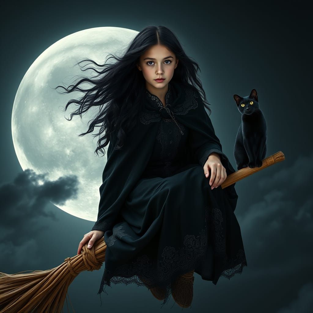 Regal Witch on Broom Under Full Moon with Feline Companion