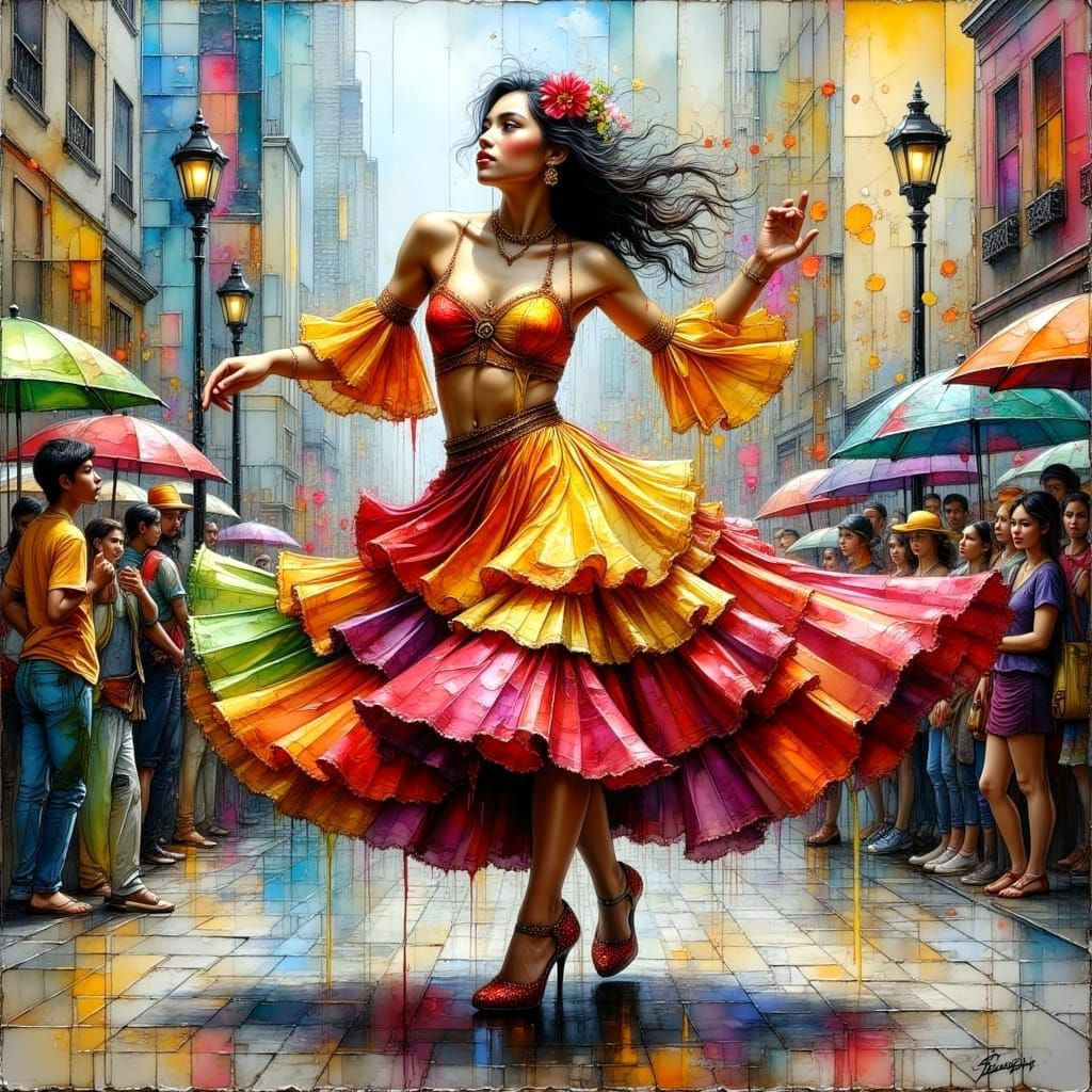 Latin Dancer in Herald Square: Impasto Oil Painting