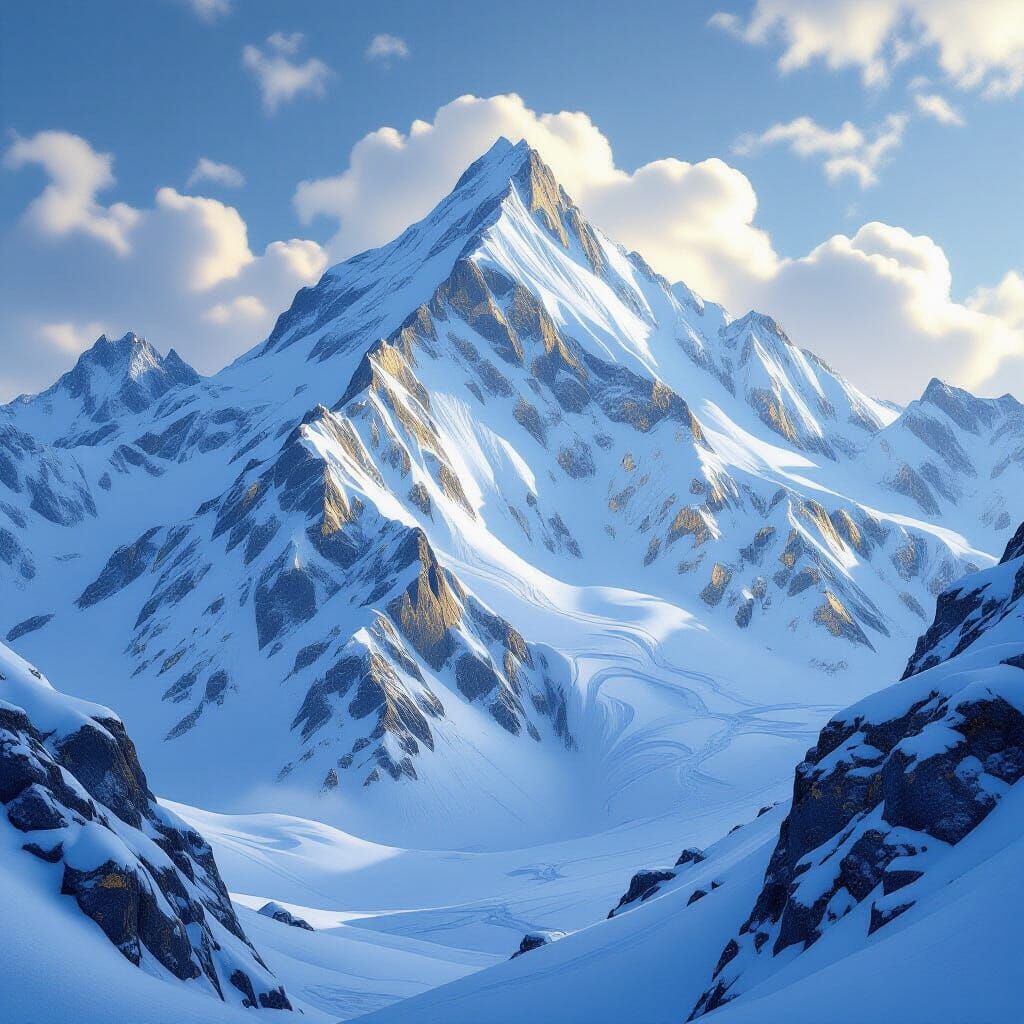 Gold-Accented Snowy Mountains in Digital Art Style