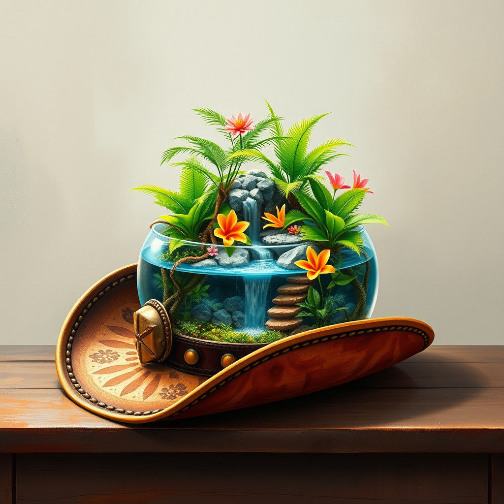 Cowboy Hat Fishbowl with Tropical Oasis