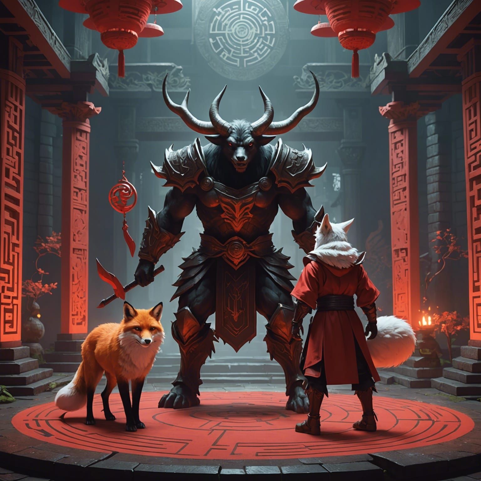 Minotaur and Fox Spirit in Labyrinth: 3D Anime Art
