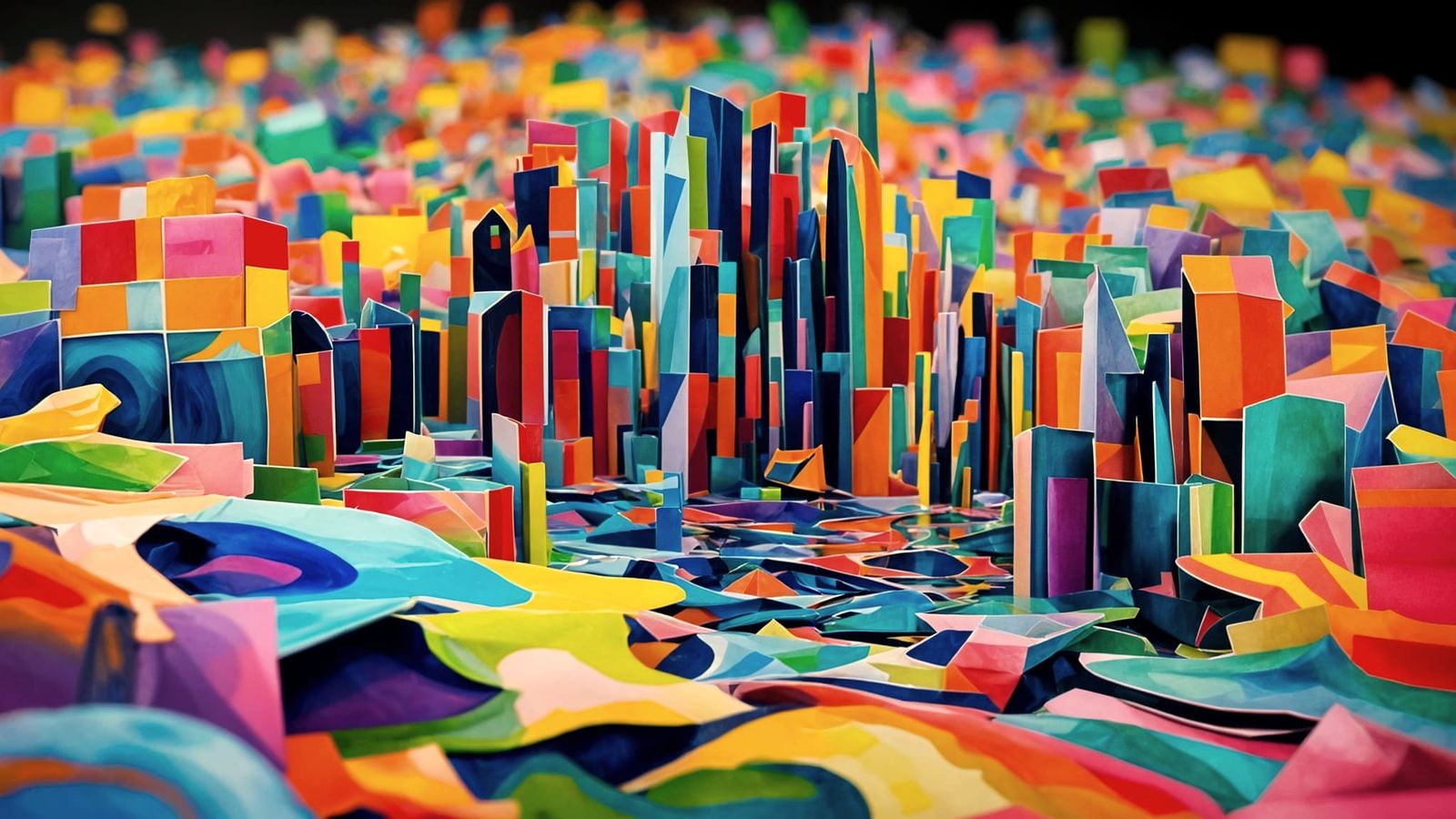 Vibrant Origami Cityscape in Ethereal Colors