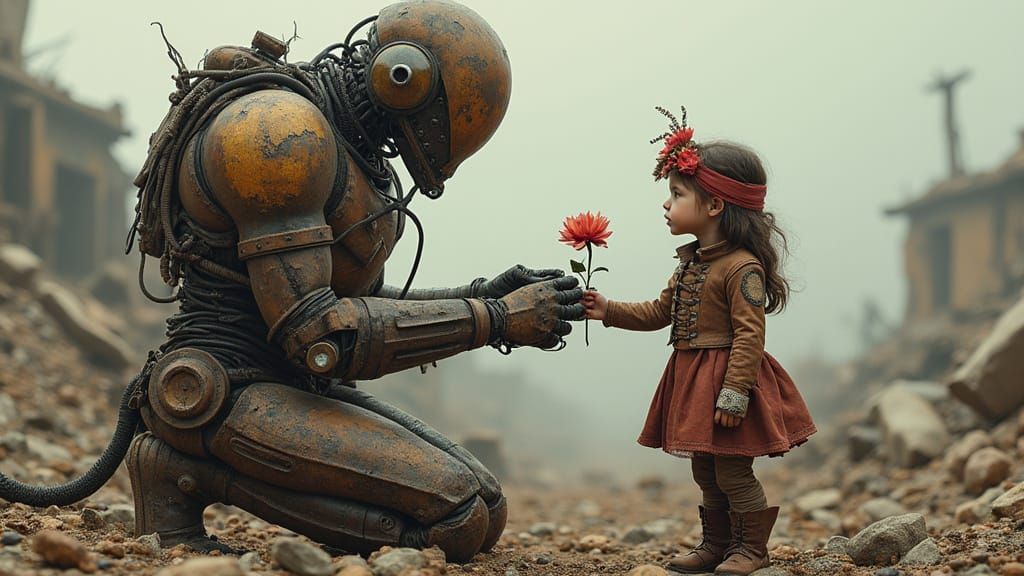 Cyborg and Steampunk Girl in Dystopian Landscape