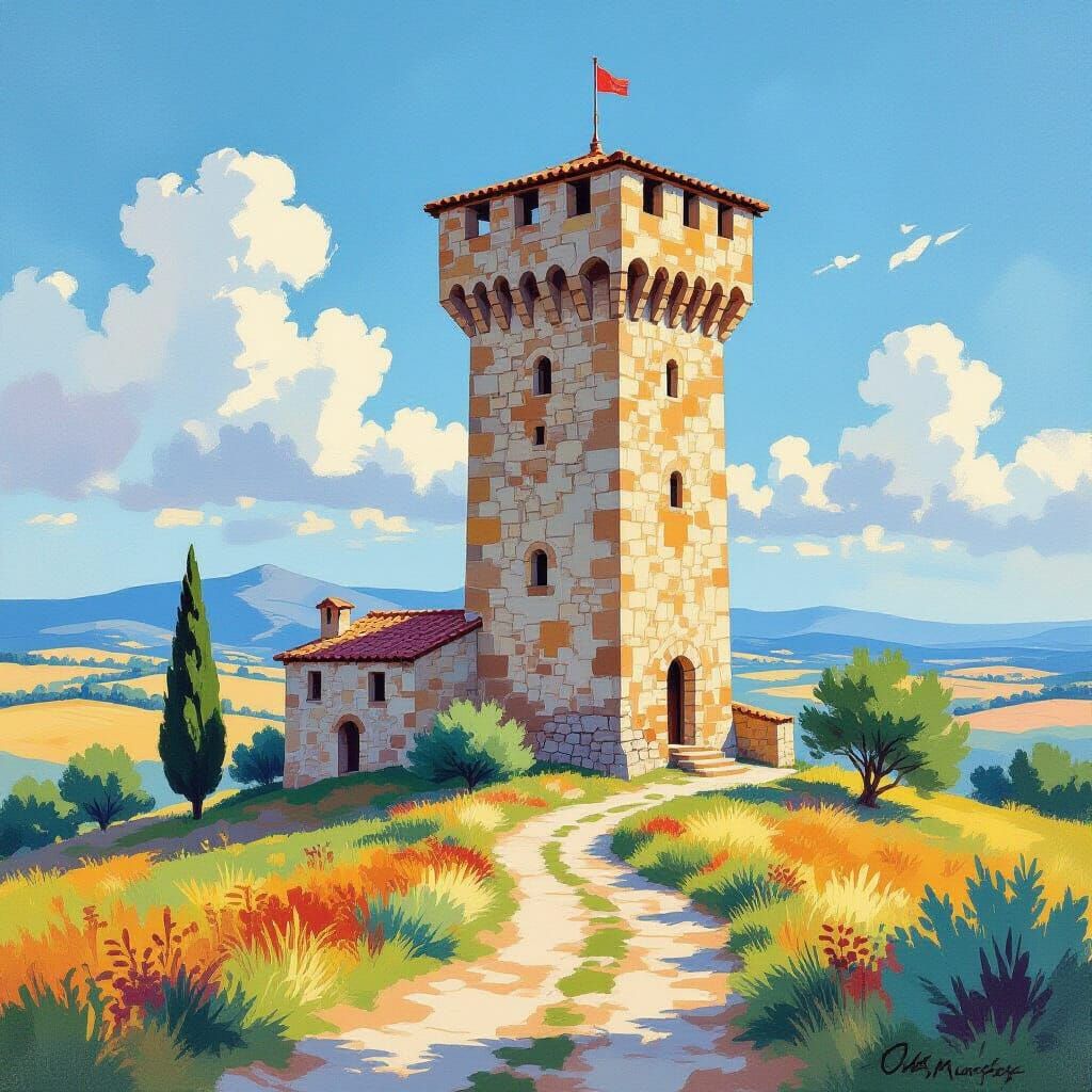 Medieval Sardinian Tower in Gouache and Watercolor
