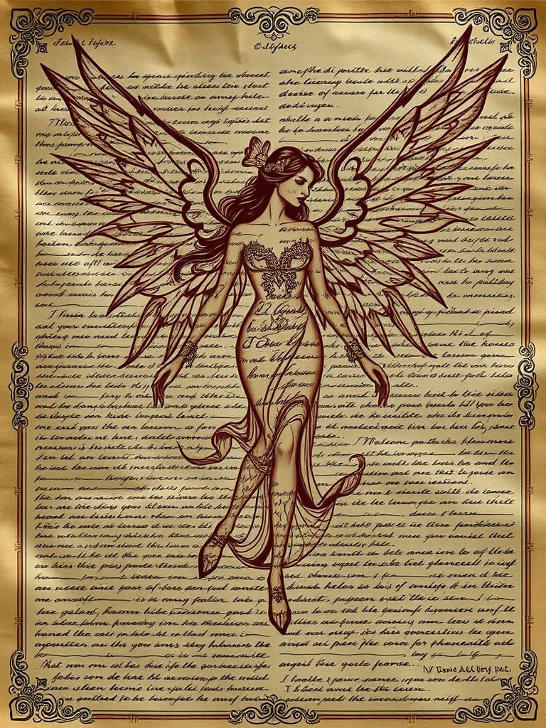 Calligraphic Woman Walking on Ancient Manuscript