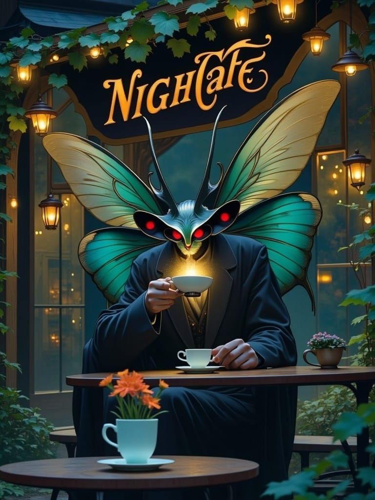 Ethereal Mothman at a Whimsical Night Cafe in Art Nouveau St...