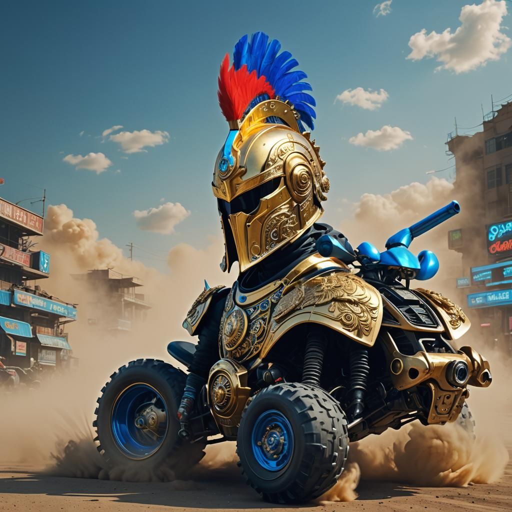Futuristic Praetorian Helmet Rides a Neon 4-Wheeler