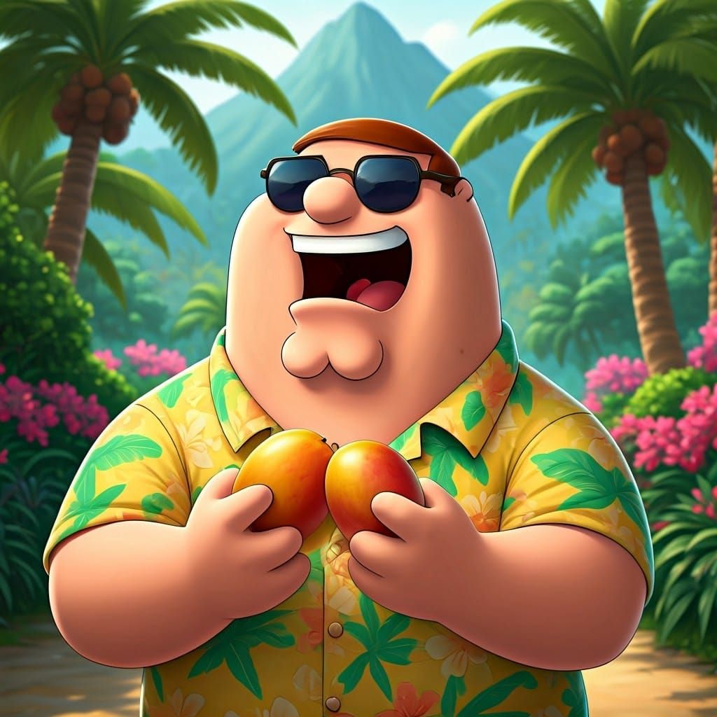 Peter Griffin Savoring Tropical Bliss in Vibrant Anime Style