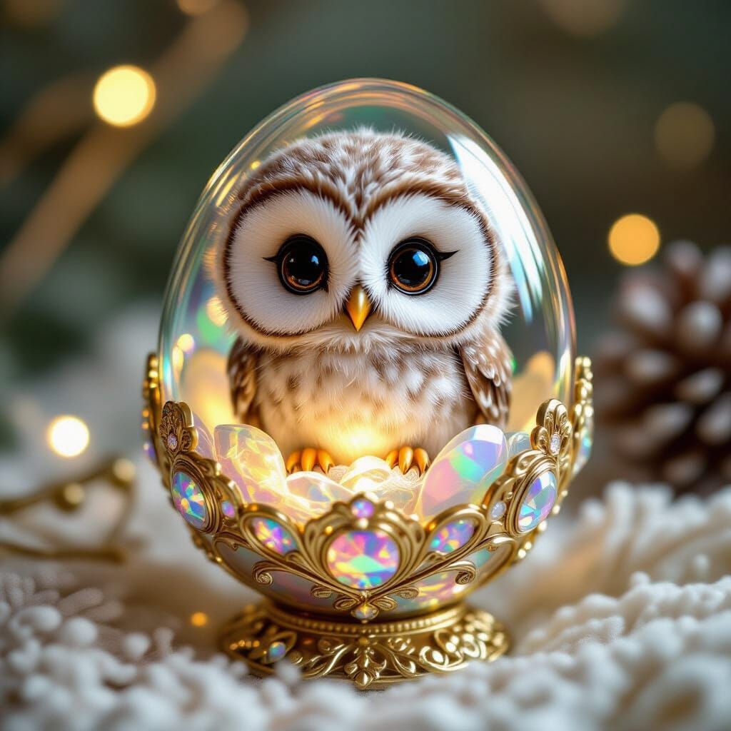 Iridescent Chibi Owl Hatching from Fabergé Egg