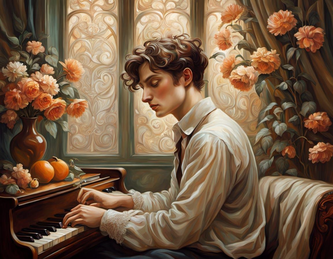 Melancholic Art Nouveau Oil Painting of a Teenage Boy