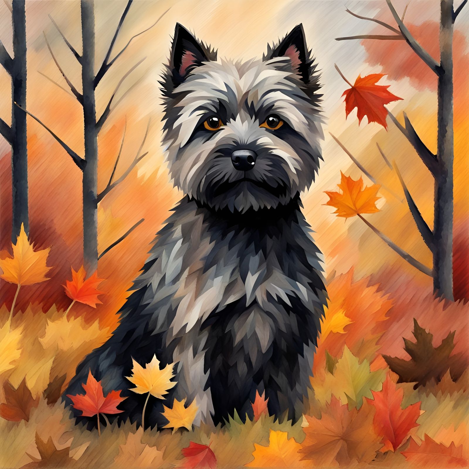 Black Cairn Terrier in Autumn Gouache Style