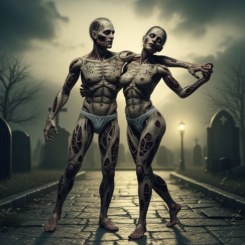 Hyper-Realistic Figures in Decayed Gothic Graveyard