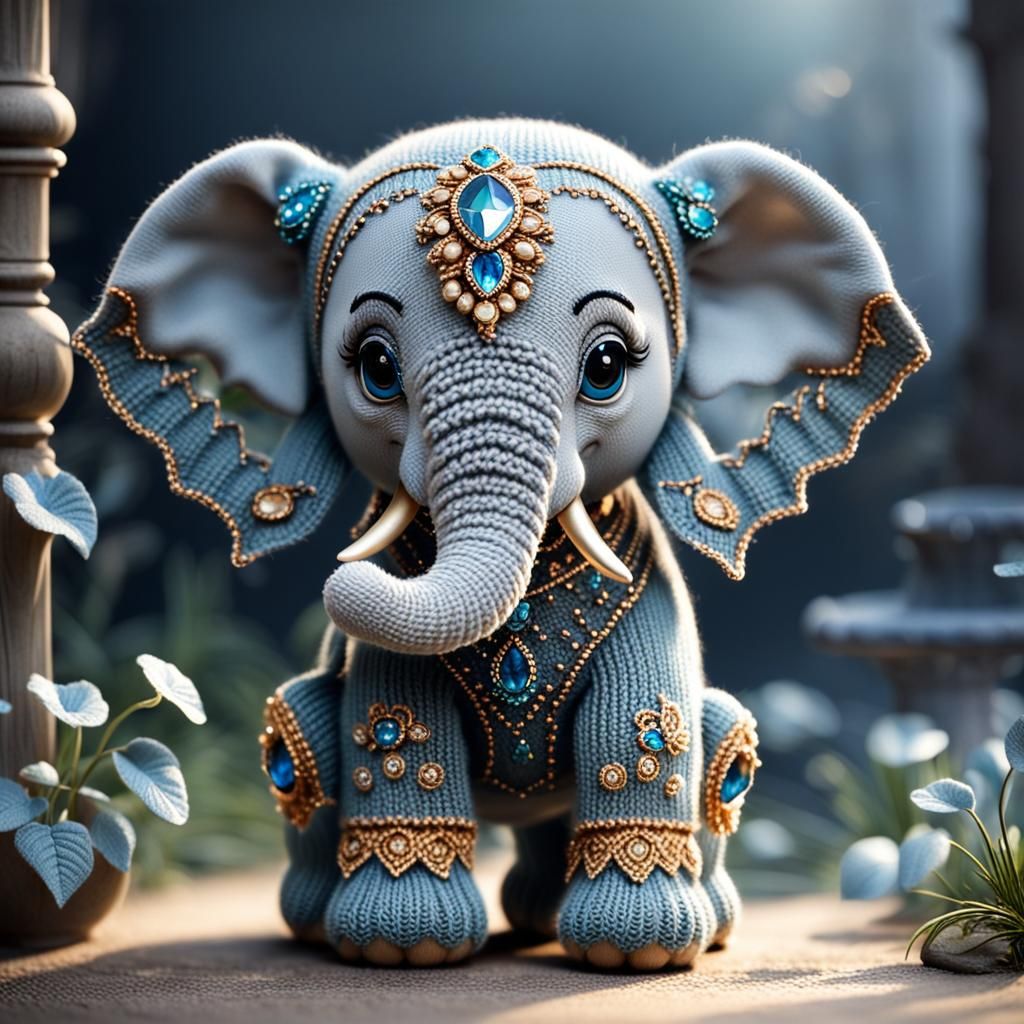 Knitted Chibi Elephant with Ornate Details
